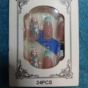 Pink green white flower floral coffin shape press on nails 24 piece kit new